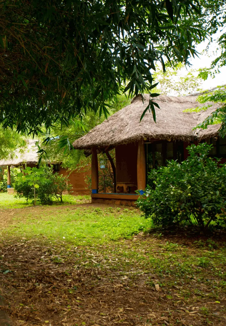 A thatched cottage set within a private tropical garden