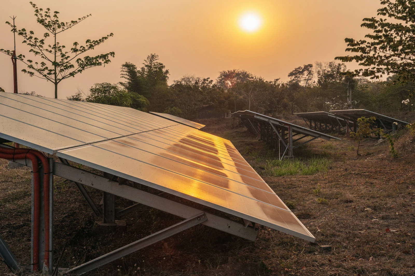 Solar panels catching the golden evening sunlight at the retreat