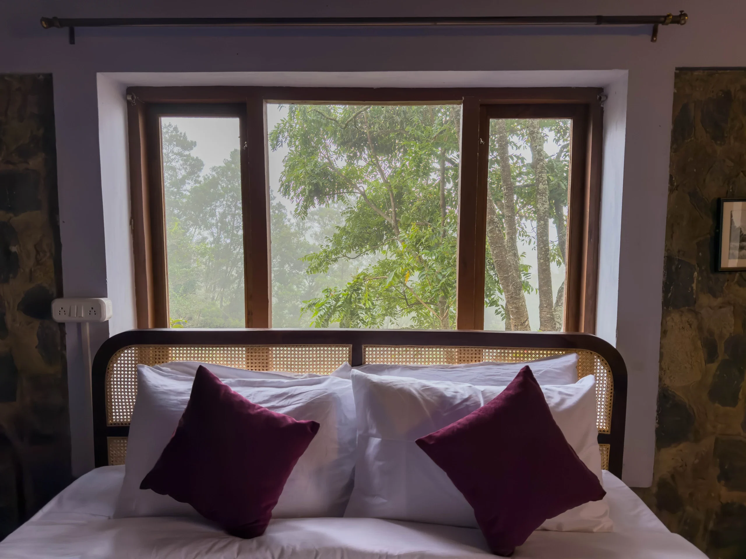 A bed with plum cushions beneath a window overlooking green trees