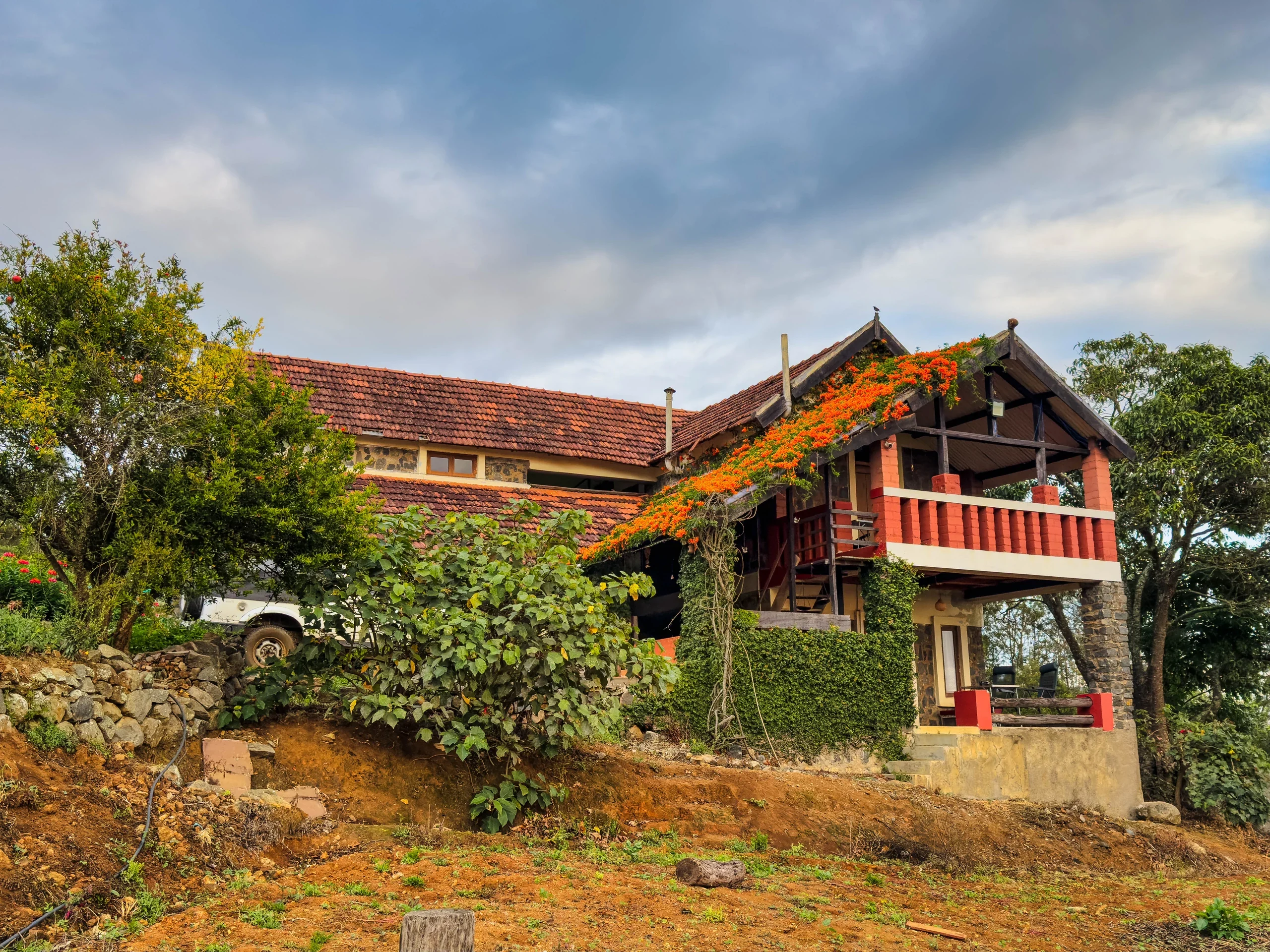 The stone bungalow framed by trees and flowering vines