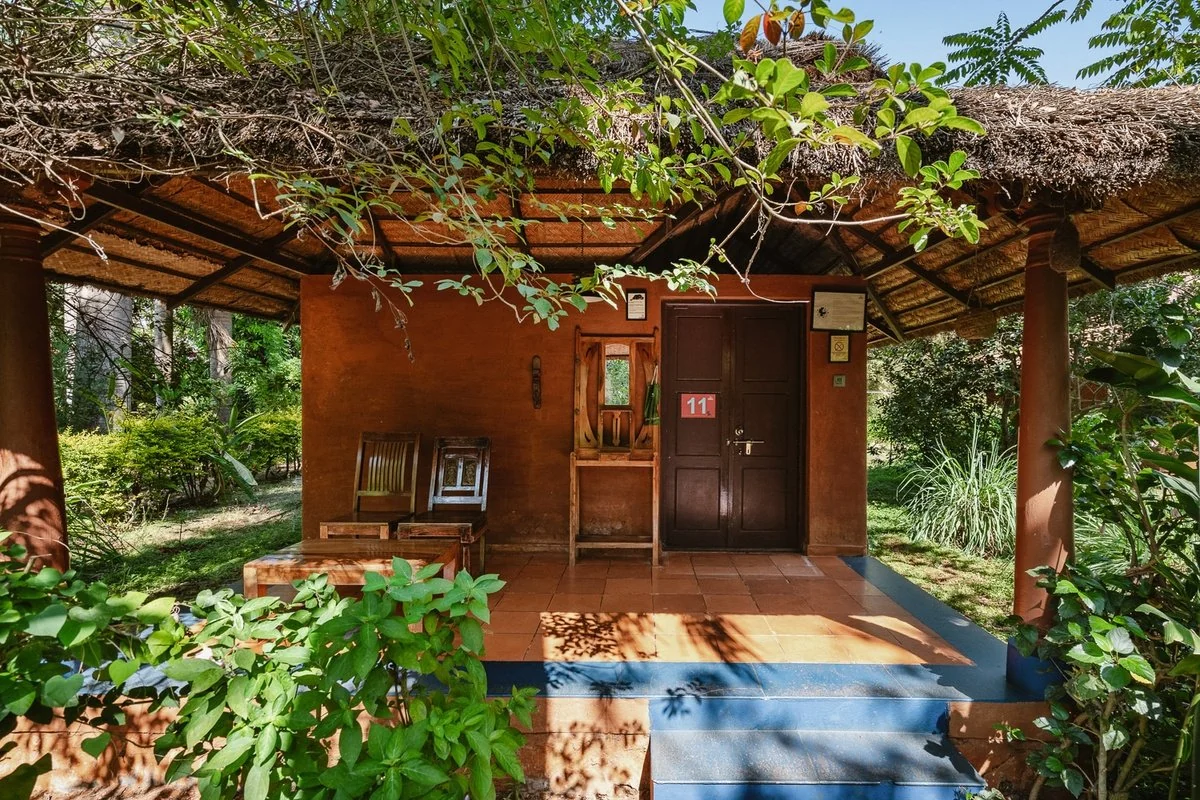 A thatched Red Earth Kabini cottage with a blue plinth, framed by garden foliage