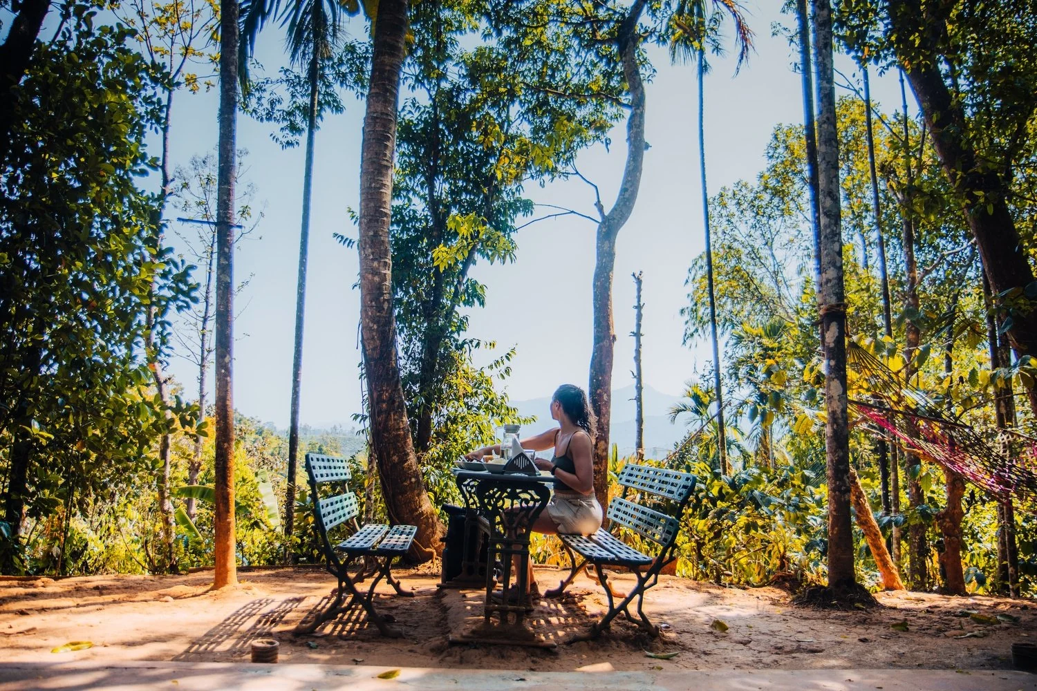 An outdoor table and chairs among tall trees overlooking the Wayanad hills